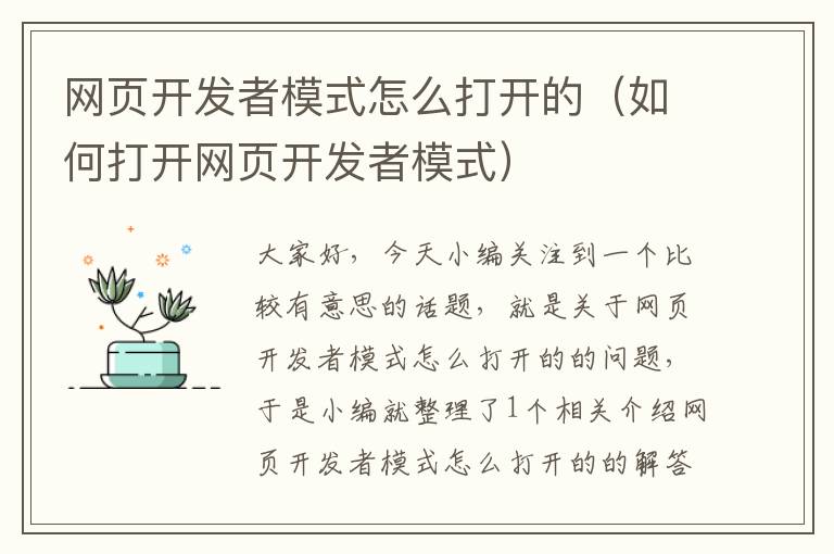 网页开发者模式怎么打开的（如何打开网页开发者模式）