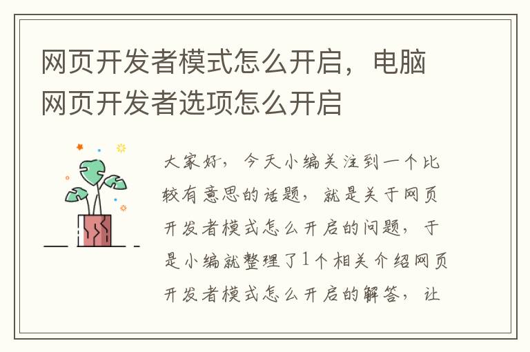 网页开发者模式怎么开启，电脑网页开发者选项怎么开启