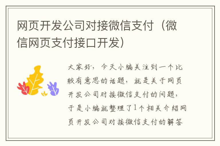 网页开发公司对接微信支付（微信网页支付接口开发）