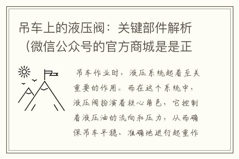 吊车上的液压阀：关键部件解析（微信公众号的官方商城是是正品吗）