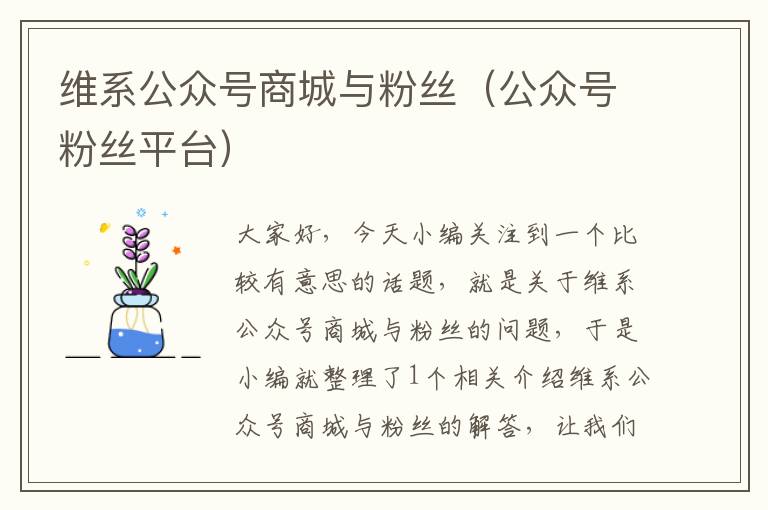 维系公众号商城与粉丝（公众号粉丝平台）