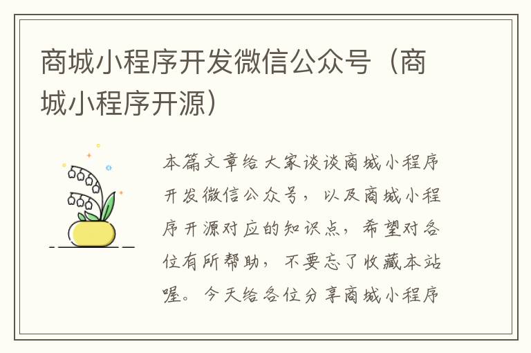 商城小程序开发微信公众号（商城小程序开源）