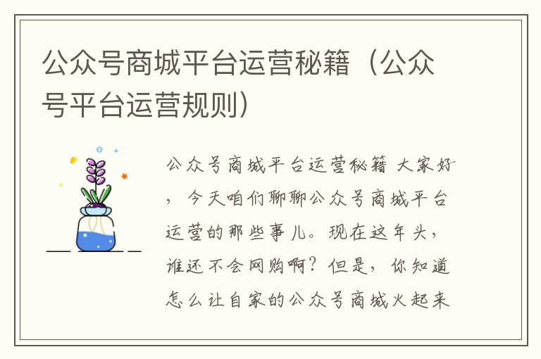 公众号商城平台运营秘籍（公众号平台运营规则）