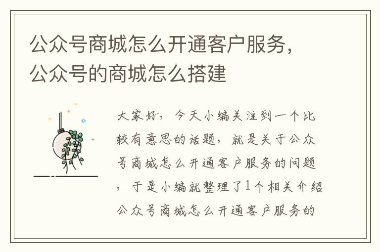 公众号商城怎么开通客户服务，公众号的商城怎么搭建