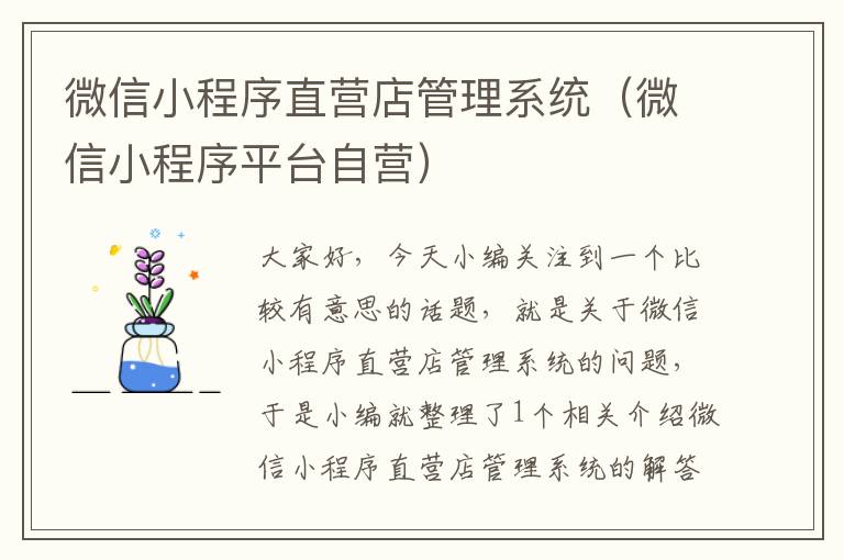 微信小程序直营店管理系统（微信小程序平台自营）