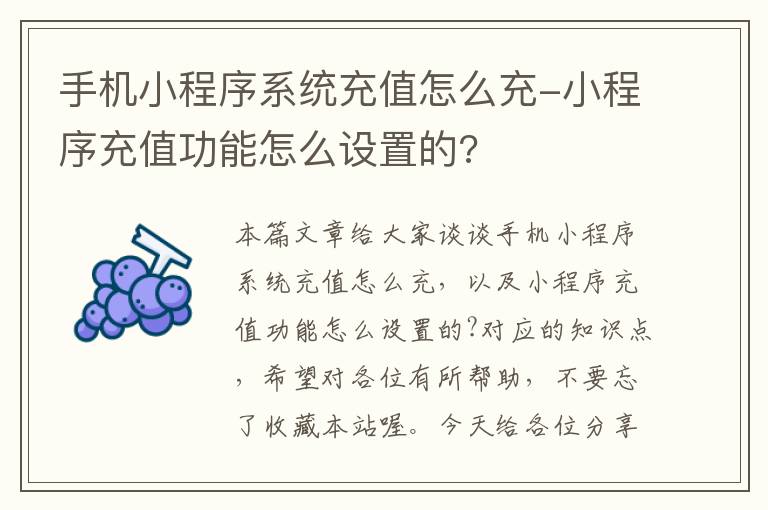 手机小程序系统充值怎么充-小程序充值功能怎么设置的?