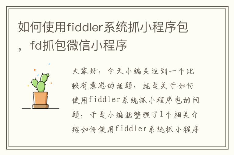 如何使用fiddler系统抓小程序包，fd抓包微信小程序