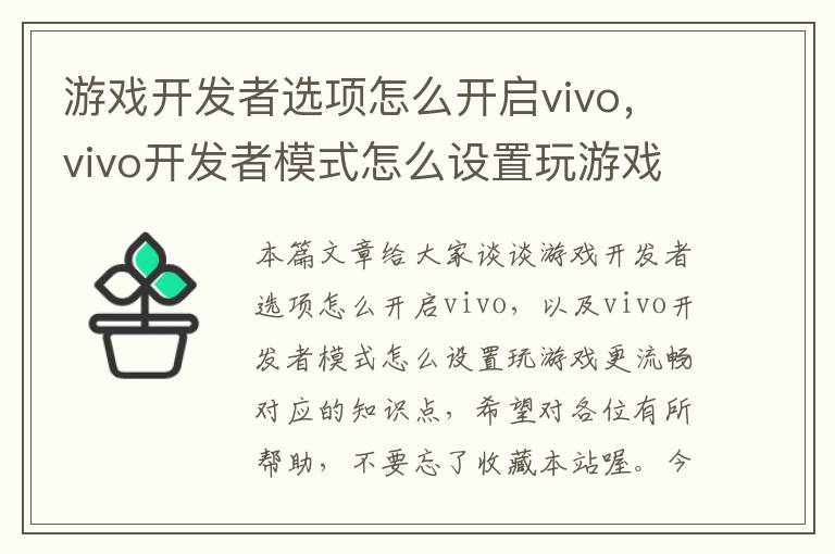 游戏开发者选项怎么开启vivo，vivo开发者模式怎么设置玩游戏更流畅