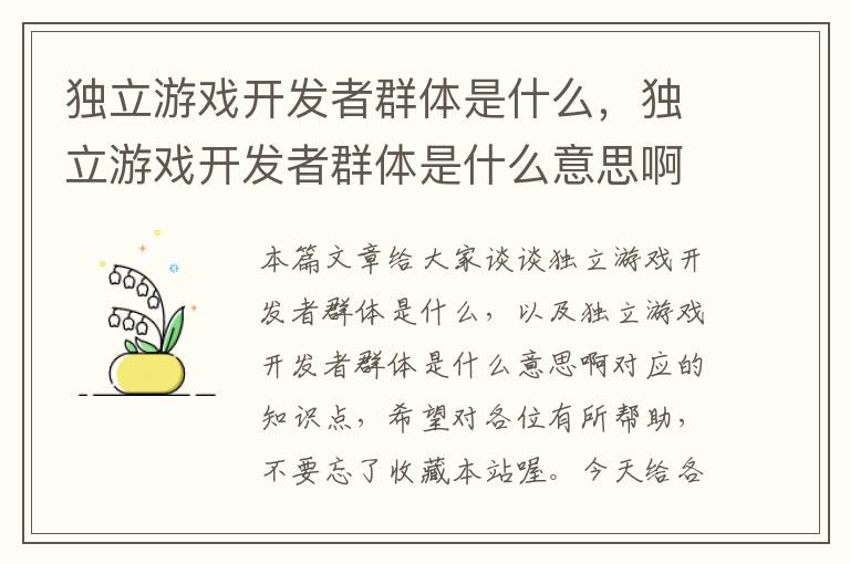 独立游戏开发者群体是什么，独立游戏开发者群体是什么意思啊