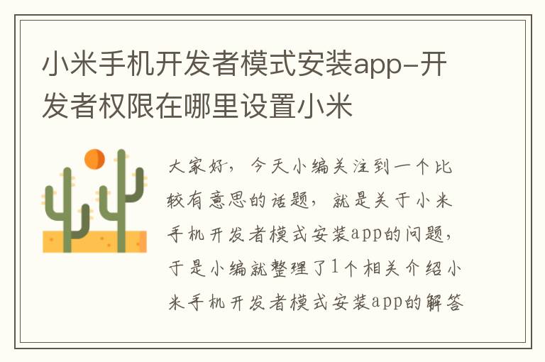 小米手机开发者模式安装app-开发者权限在哪里设置小米